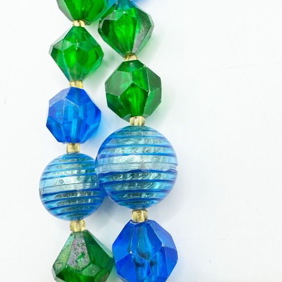 West Germany Vintage Blue Green Lucite Faceted Beaded Necklace 2 Strand MCM - Picture 12 of 16